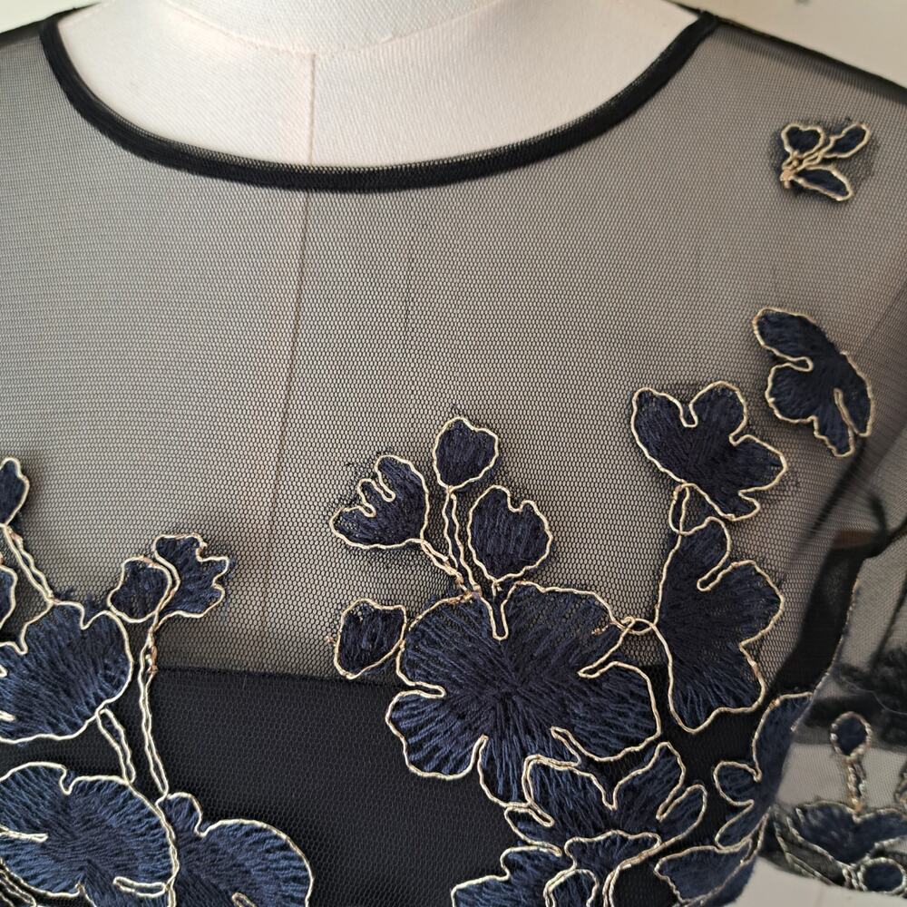 TADASHI SHOJI Cardea Embroidered Floral Tulle Cocktail Dress Size 6 Navy Gold - Picture 11 of 14